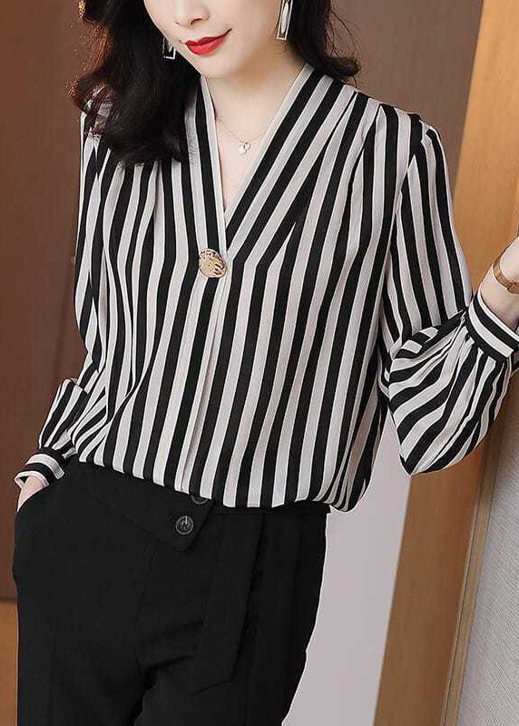 Chic Black V Neck Striped Patchwork Silk Shirt Tops Spring