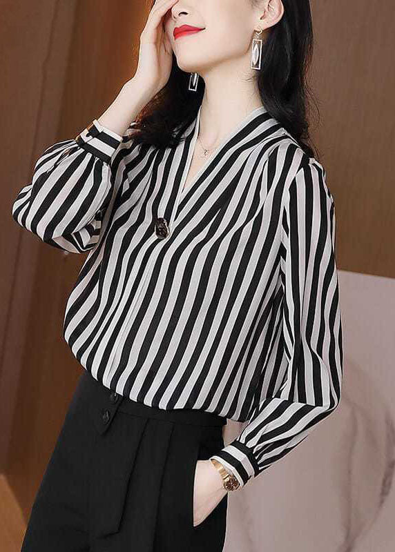 Chic Black V Neck Striped Patchwork Silk Shirt Tops Spring