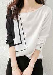 Chic Black White Asymmetrical Design Patchwork Chiffon Top Long Sleeve