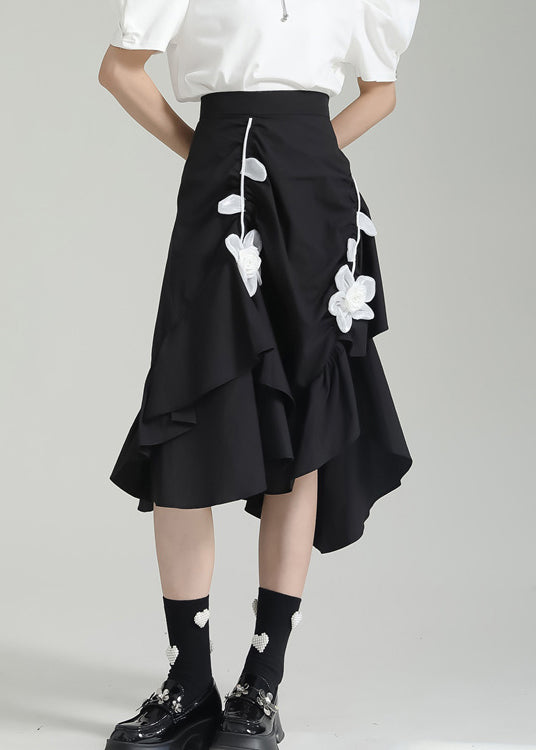 Chic Black Wrinkled Asymmetrical Floral Patchwork Cotton Skirt Fall