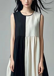 Chic Black Wrinkled Patchwork Cotton Dresses Sleeveless