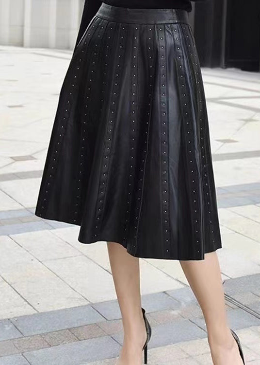 Chic Black Wrinkled Rivet High Waist Sheepskin Skirts Spring