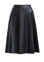 Chic Black Wrinkled Rivet High Waist Sheepskin Skirts Spring