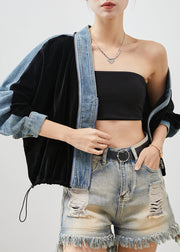 Chic Black Zip Up Patchwork Silk Velvet Denim Coats Spring