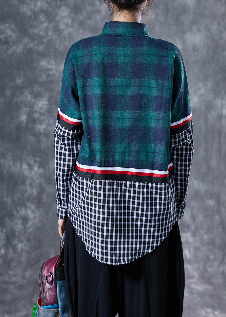 Chic Blackish Green Peter Pan Collar Patchwork Plaid Cotton Shirts Spring