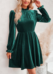 Chic Blackish Green Ruffled Patchwork Velvet Mid Dress Fall