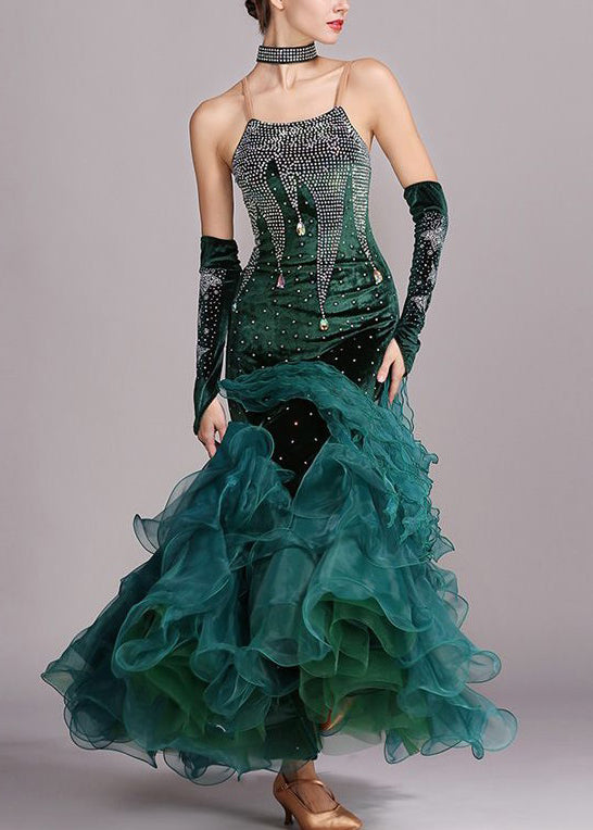 Chic Blackish Green Zircon Tulle Patchwork Spaghetti Strap Dress Sleeveless