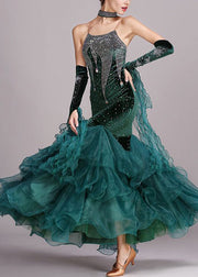 Chic Blackish Green Zircon Tulle Patchwork Spaghetti Strap Dress Sleeveless