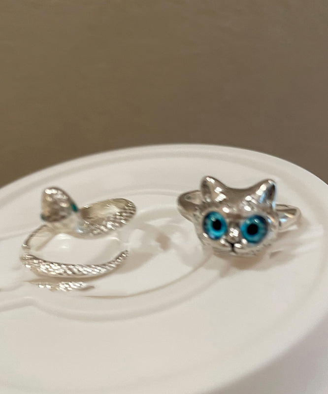 Chic Blue Alloy Glass Little Cats And Snake Rings Two Pieces Set