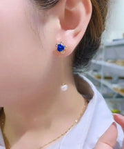 Chic Blue Alloy Zircon Pearl Floral Tassel Drop Earrings