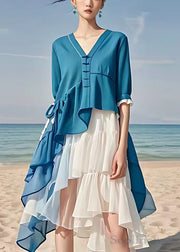 Chic Blue Asymmetrical Patchwork Chiffon Dress Half Sleeve