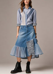 Chic Blue Asymmetrical Patchwork Tulle Denim Skirts Spring