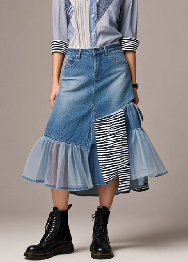 Chic Blue Asymmetrical Patchwork Tulle Denim Skirts Spring