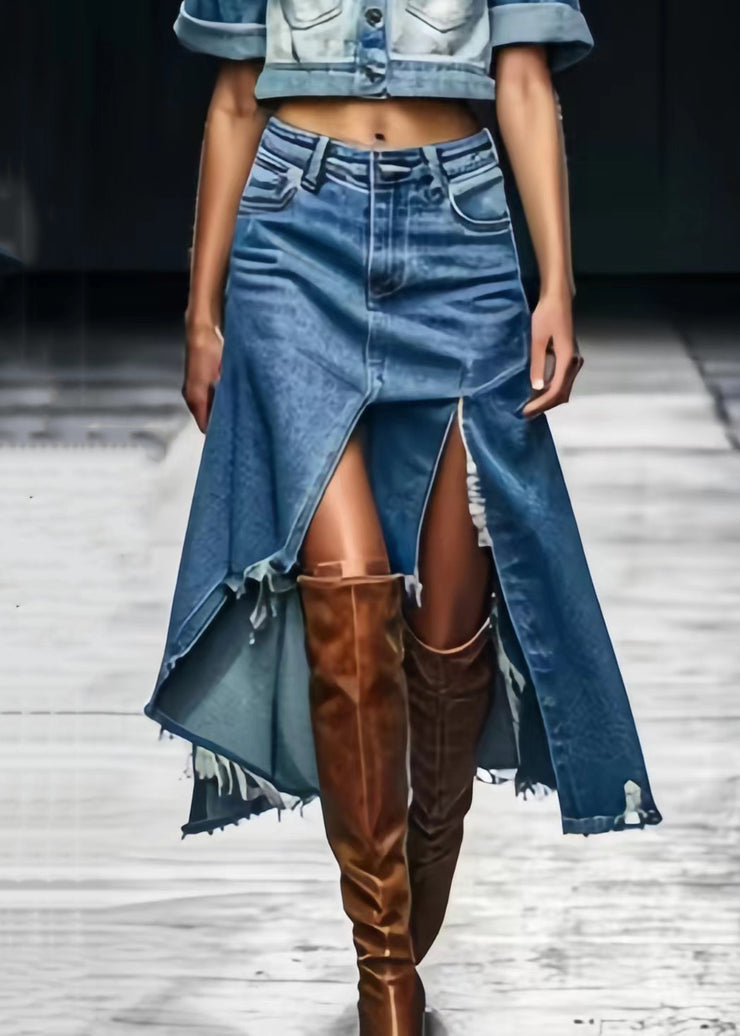 Chic Blue Asymmetrical Side Open Denim Skirts Summer