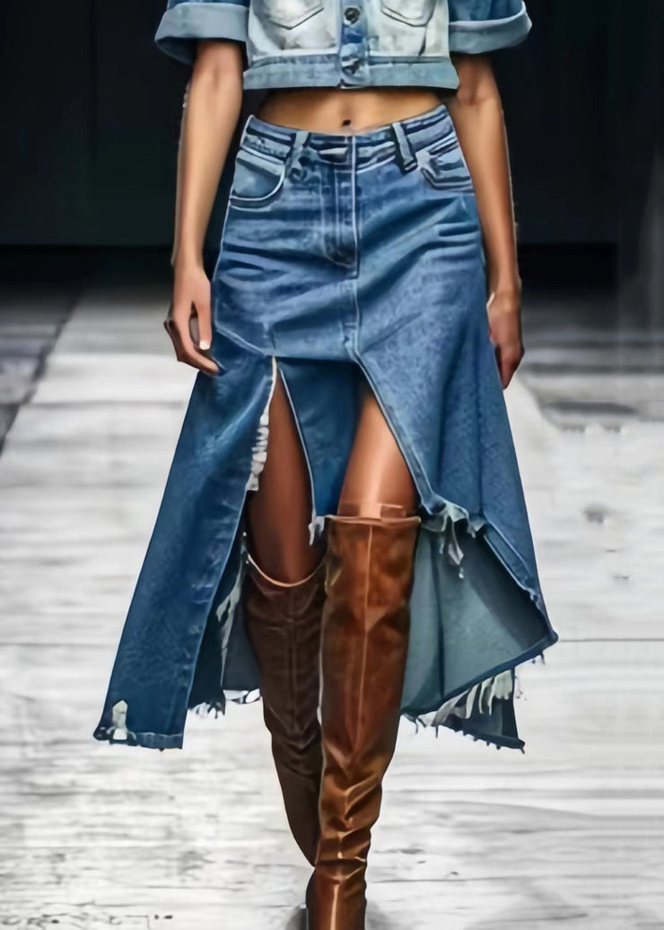 Chic Blue Asymmetrical Side Open Denim Skirts Summer