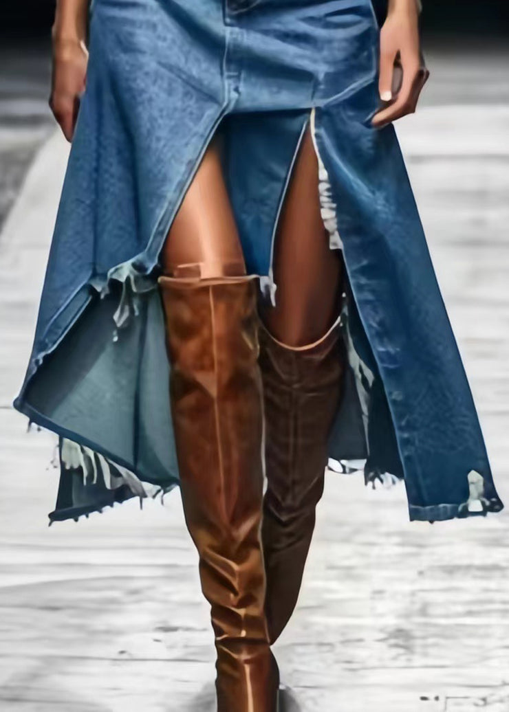 Chic Blue Asymmetrical Side Open Denim Skirts Summer