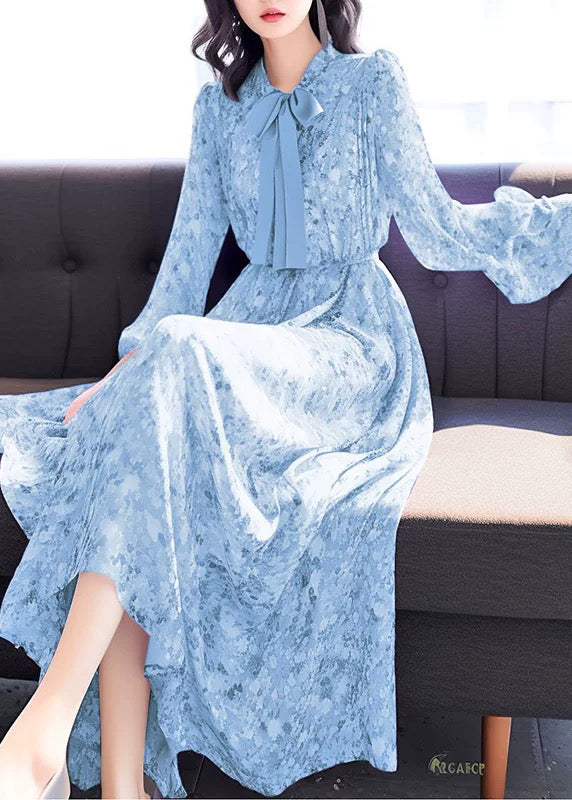 Chic Blue Bow Print High Waist Chiffon Long Dress Fall