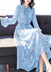 Chic Blue Bow Print High Waist Chiffon Long Dress Fall