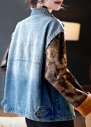 Chic Blue Button Print Patchwork Denim Coat Spring