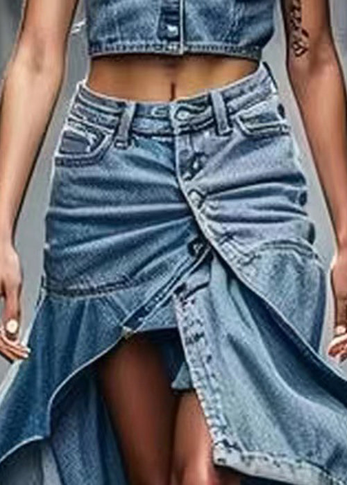 Chic Blue Button Side Open High Waist Denim Skirts Summer