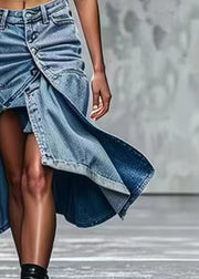 Chic Blue Button Side Open High Waist Denim Skirts Summer