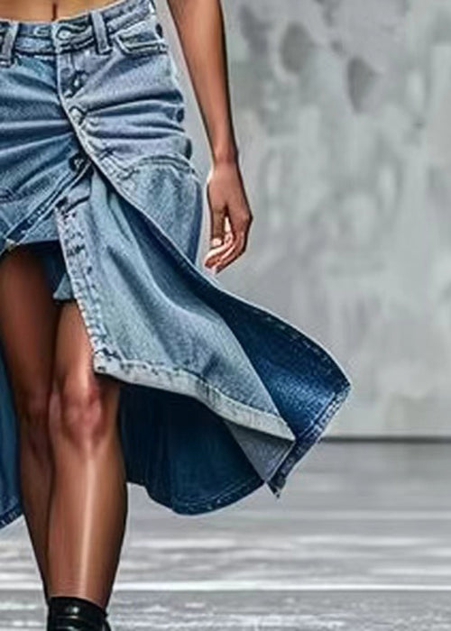 Chic Blue Button Side Open High Waist Denim Skirts Summer