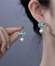 Chic Blue Copper Alloy Pearl Enamel Floral Drop Earrings