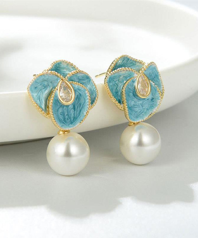 Chic Blue Copper Alloy Pearl Enamel Floral Drop Earrings