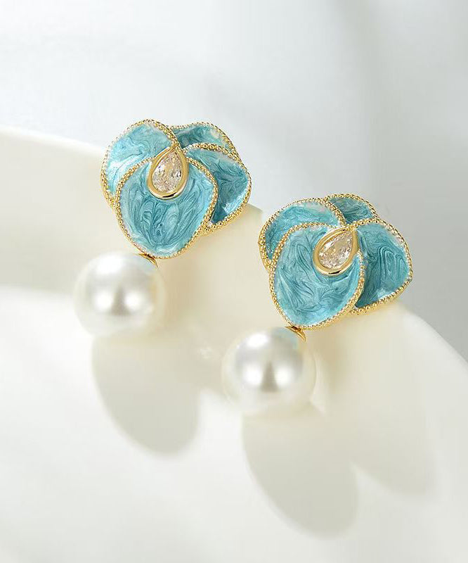 Chic Blue Copper Alloy Pearl Enamel Floral Drop Earrings