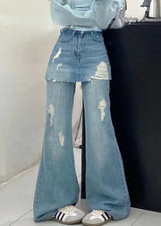 Chic Blue False Two Pieces High Waist Denim Pants Summer