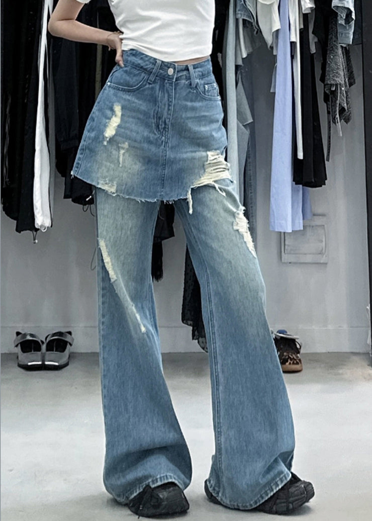 Chic Blue False Two Pieces High Waist Denim Pants Summer