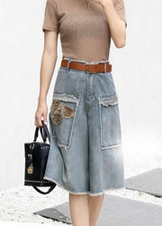 Chic Blue Floral High Waist Sashes Denim Crop Pants Summer