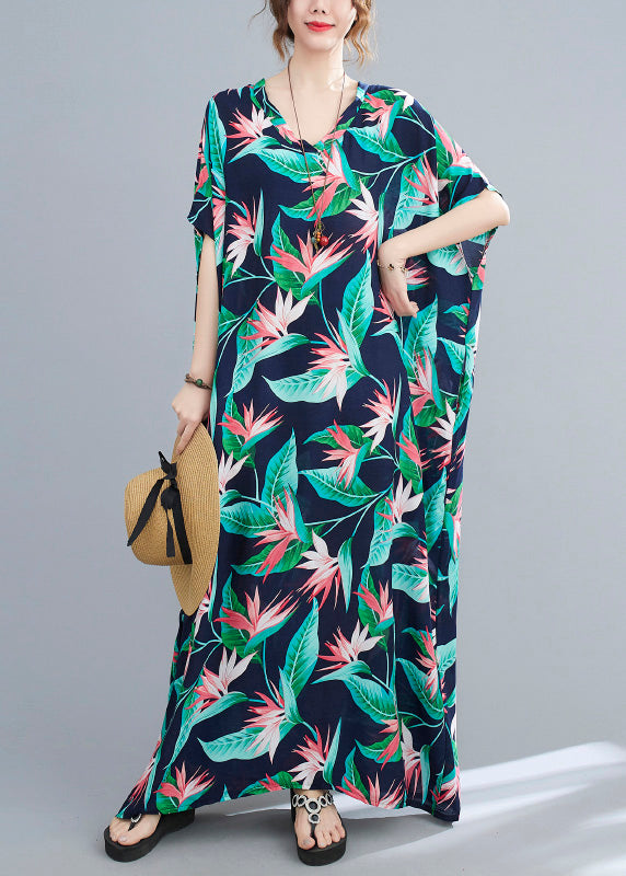 Chic Blue Green V Neck Print Cotton Party Maxi Dress Summer