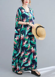 Chic Blue Green V Neck Print Cotton Party Maxi Dress Summer