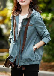 Chic Blue Grey Hooded Zippered Pockets Cotton Coats Fall