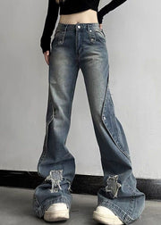 Chic Blue Hole High Waist Denim Flare Bottoms Fall