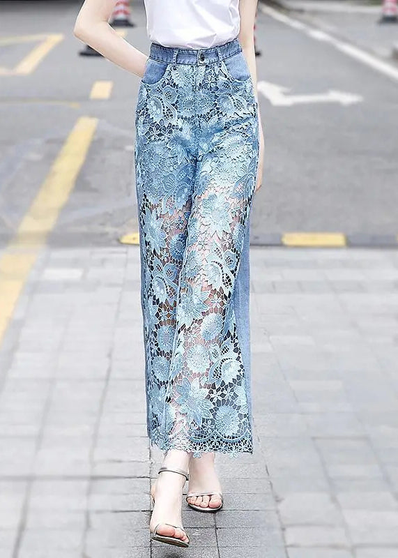 Chic Blue Lace Hollow Out Pockets Denim Crop Pants Summer