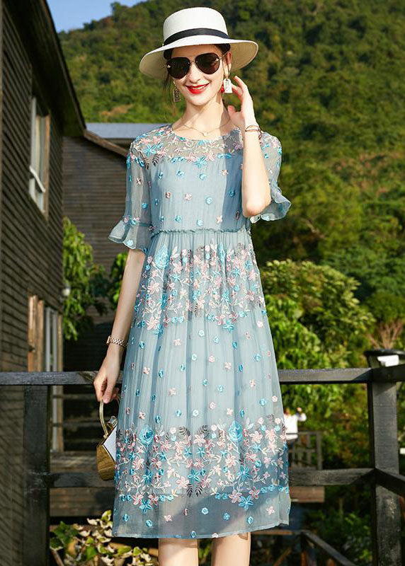 Chic Blue O-Neck Embroideried Ruffled Silk Vacation Dresses Short Sleeve