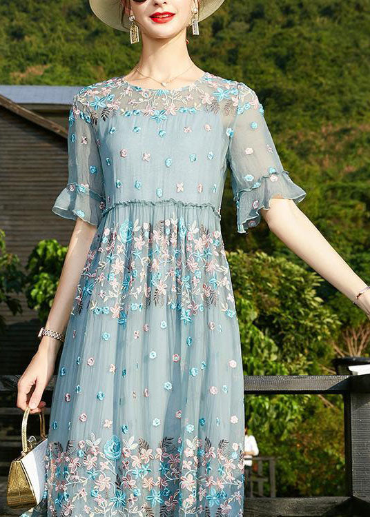 Chic Blue O-Neck Embroideried Ruffled Silk Vacation Dresses Short Sleeve