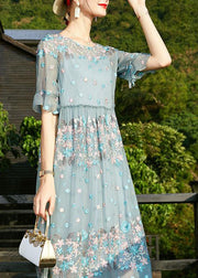 Chic Blue O-Neck Embroideried Ruffled Silk Vacation Dresses Short Sleeve