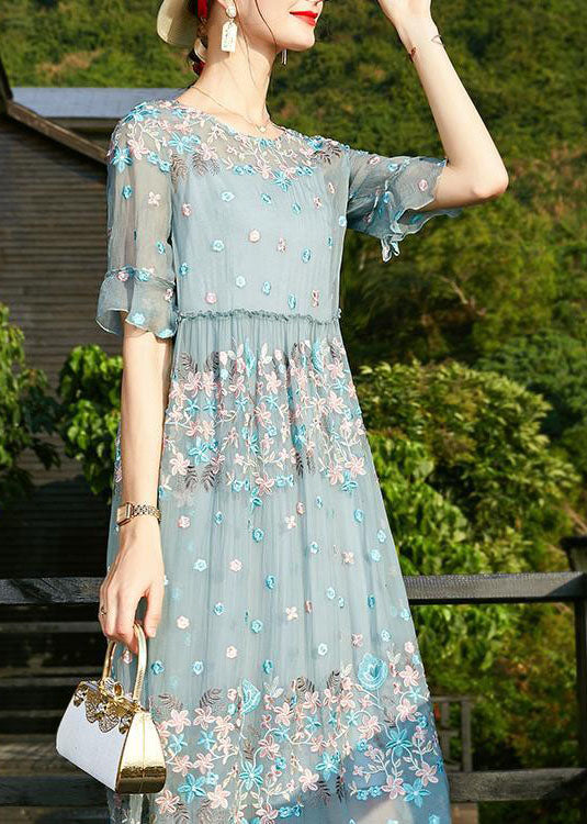 Chic Blue O-Neck Embroideried Ruffled Silk Vacation Dresses Short Sleeve