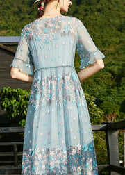 Chic Blue O-Neck Embroideried Ruffled Silk Vacation Dresses Short Sleeve