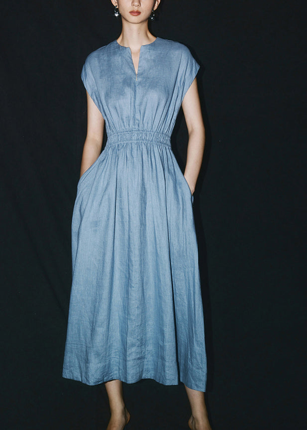 Chic Blue O-Neck Patchwork Linen Long Dresses Summer