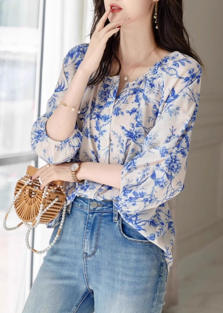 Chic Blue O-Neck Print Chiffon Top Summer