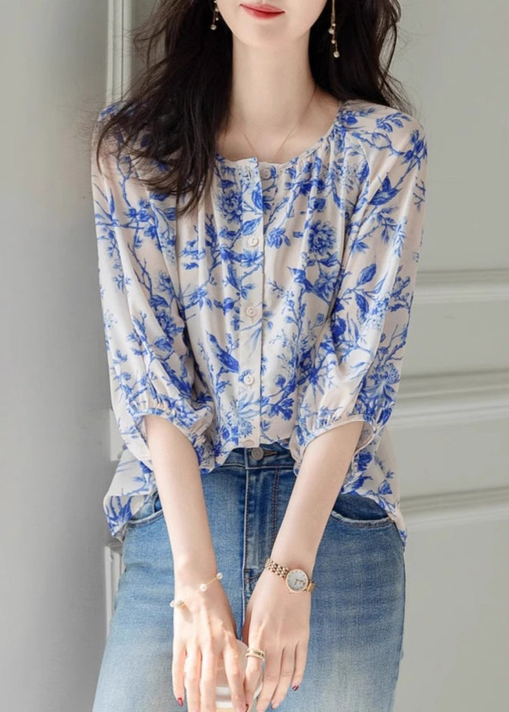 Chic Blue O-Neck Print Chiffon Top Summer