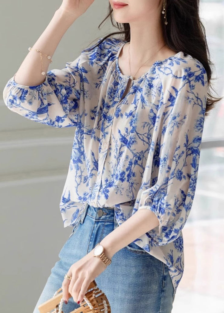 Chic Blue O-Neck Print Chiffon Top Summer