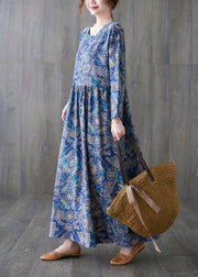 Chic Blue O-Neck Print Patchwork Long Dress Summer