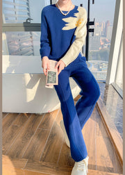 Chic Blue O Neck Tops And Pants Cashmere Two Pieces Set Spring