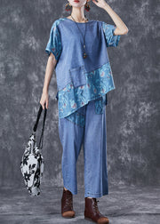 Chic Blue Oversized Asymmetrical Patchwork Denim Two Pieces Set Summer