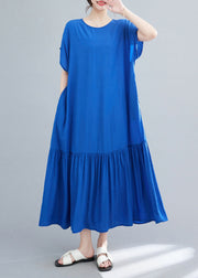 Chic Blue Oversized Patchwork Wrinkled Cotton Robe Dresses Summer